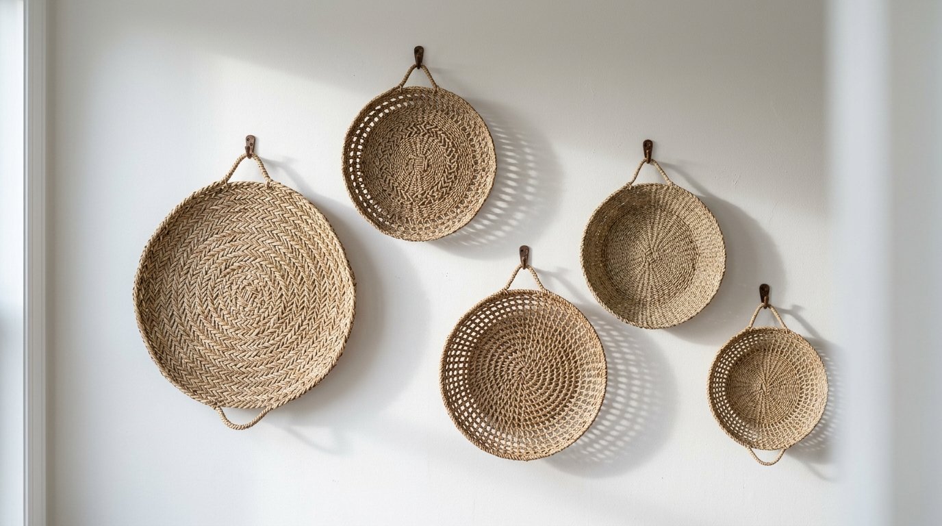 Five circular woven wicker baskets of varying sizes hanging on a clean white wall.