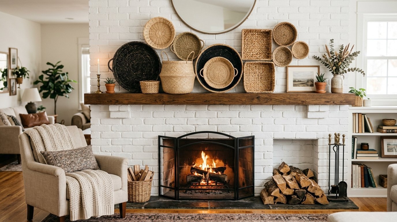 A white brick fireplace mantle styled with various round and square wicker baskets and a burning fire below.