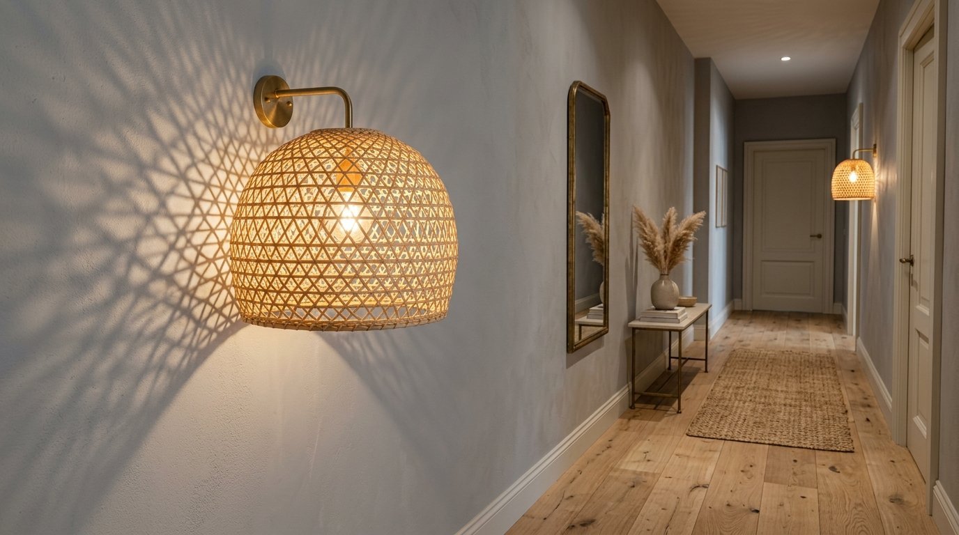 A decorative rattan dome lamp mounted on a light grey wall in a narrow corridor with wooden floors.