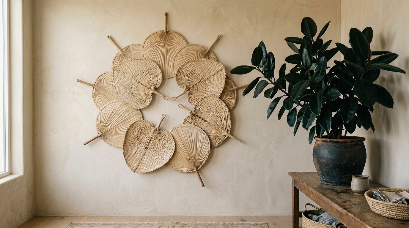 Decorative natural woven fans hung in a circle next to a large potted rubber plant on a wooden bench.