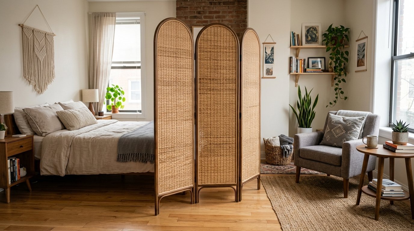 A three-panel arched wicker folding screen separates a bedroom area from a small living space with a grey armchair.