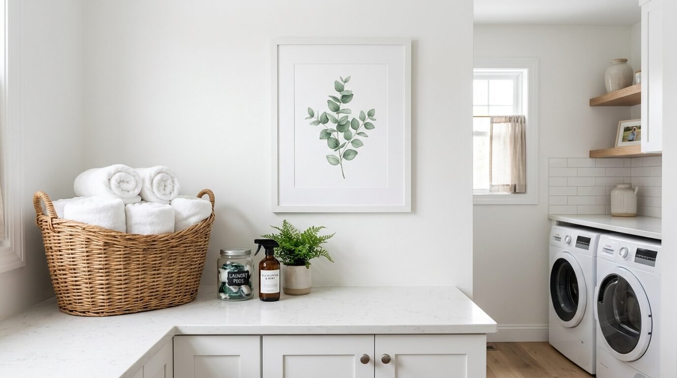 A white laundry room counter holds a woven basket with rolled towels, laundry pods, and a potted plant under botanical art.