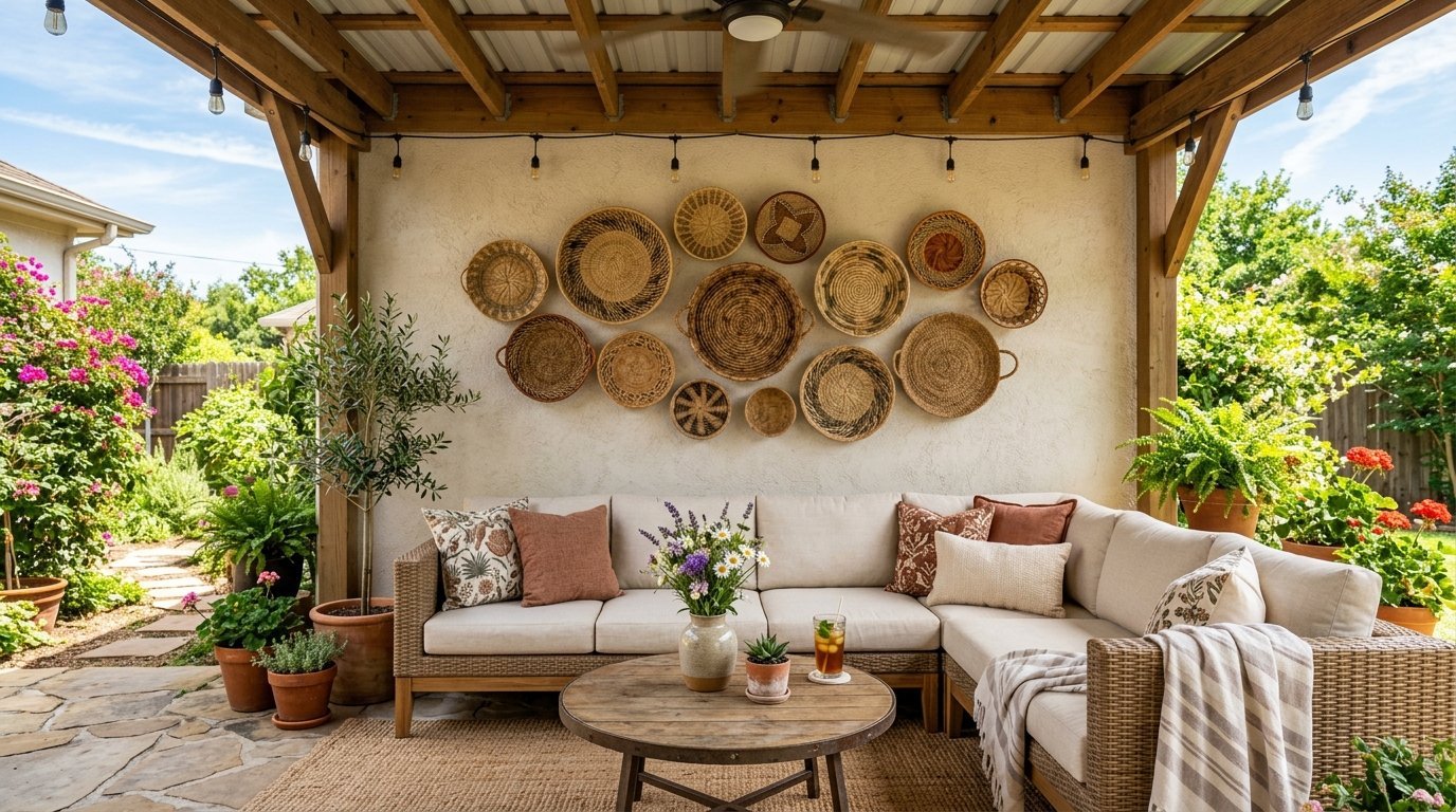 A cream sectional sofa sits under a wooden pergola with woven wall art baskets and potted garden plants.