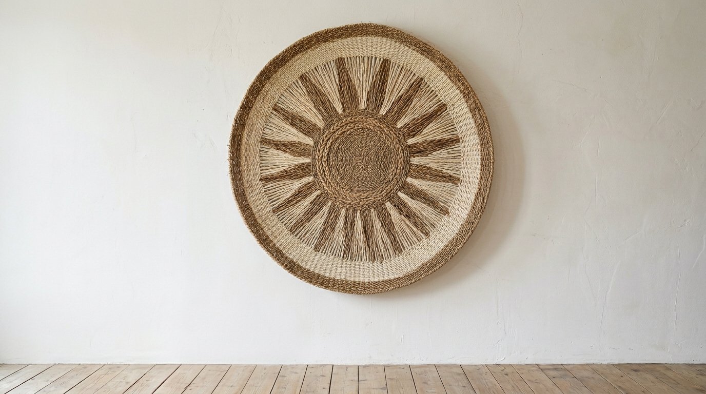 A circular handcrafted basket weave wall hanging with alternating dark and light straw rays mounted on a white wall.