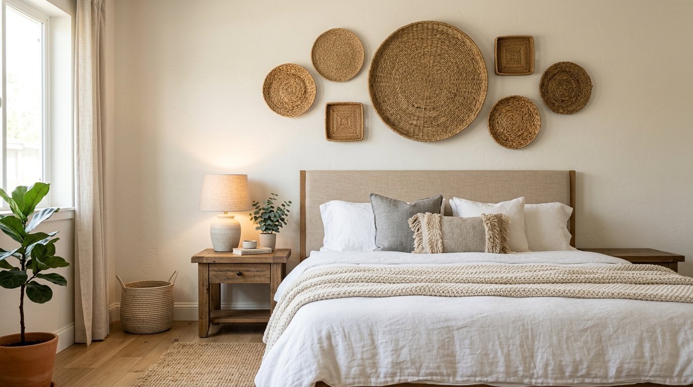 Neutral bedroom with a collection of woven round and square baskets hanging above a beige upholstered headboard.