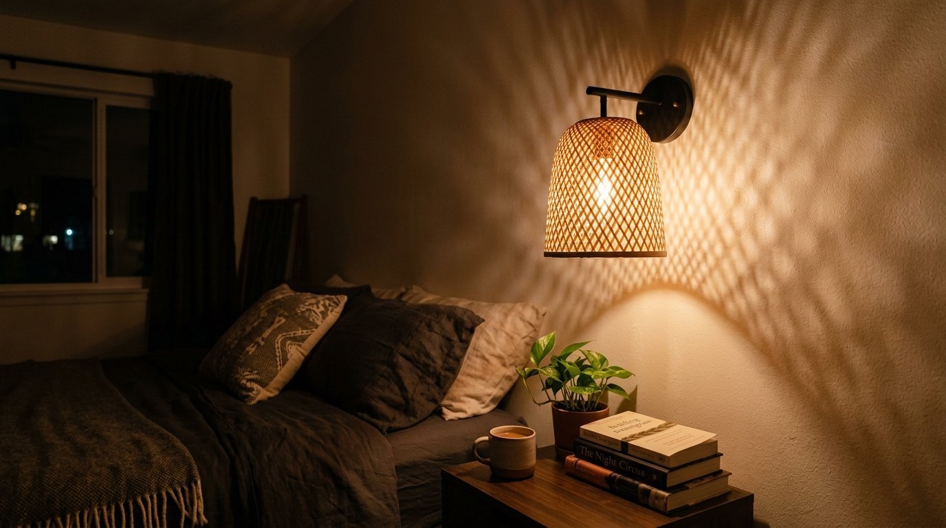 Woven bamboo sconce casting patterned shadows on a bedroom wall near a stack of books and a coffee mug.