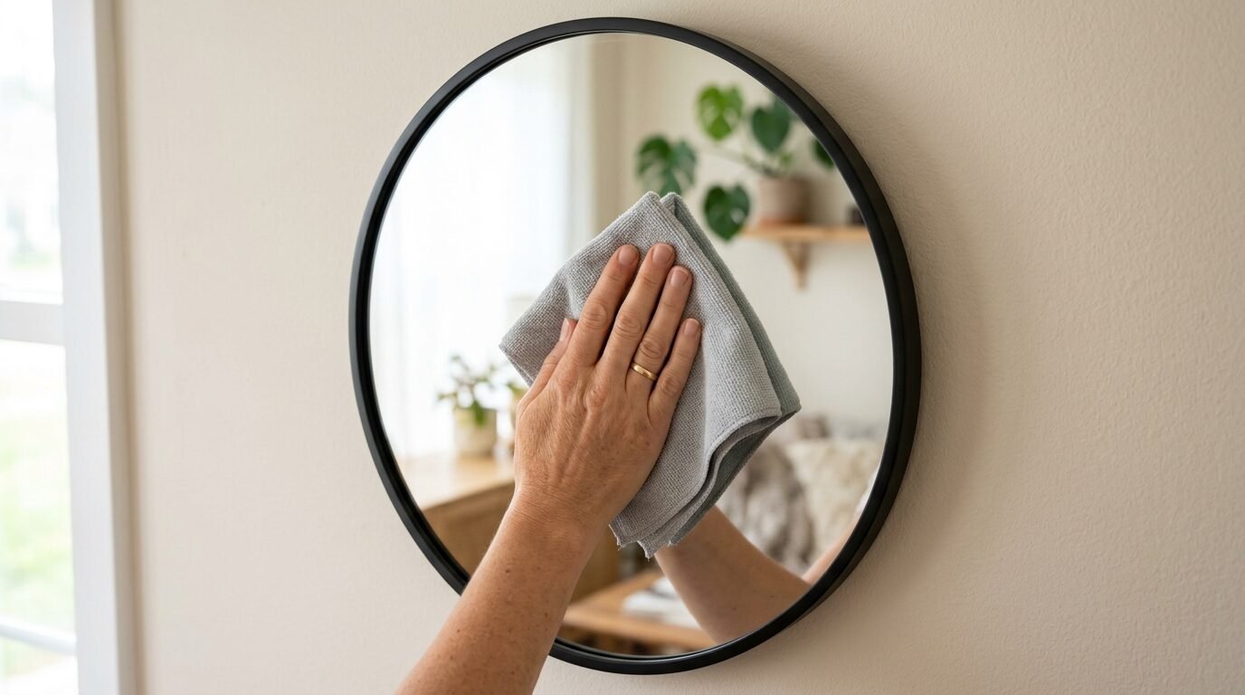 Close up of a person wearing a gold ring wiping a circular wall mirror with a grey cleaning towel.