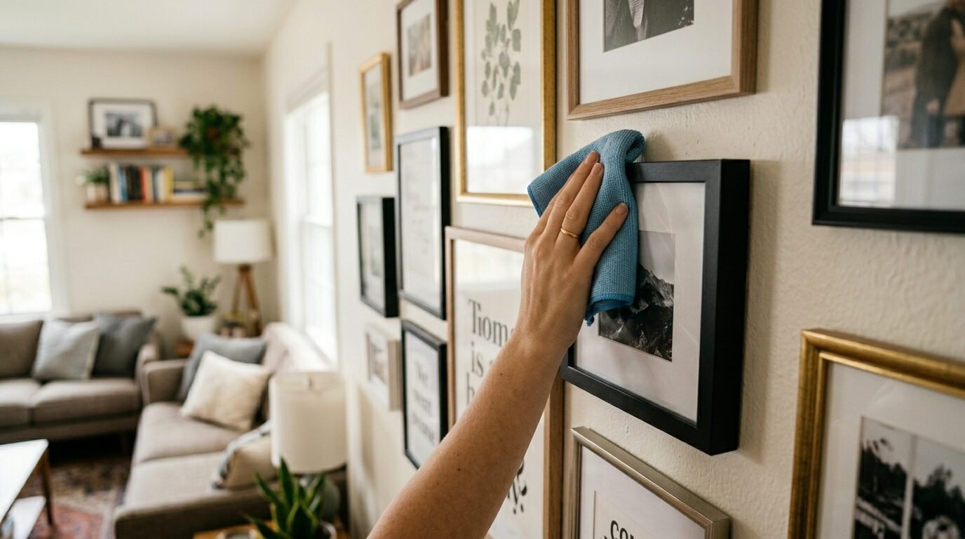 A hand holding a blue microfiber cloth wipes dust off a framed photo hanging on a gallery wall.