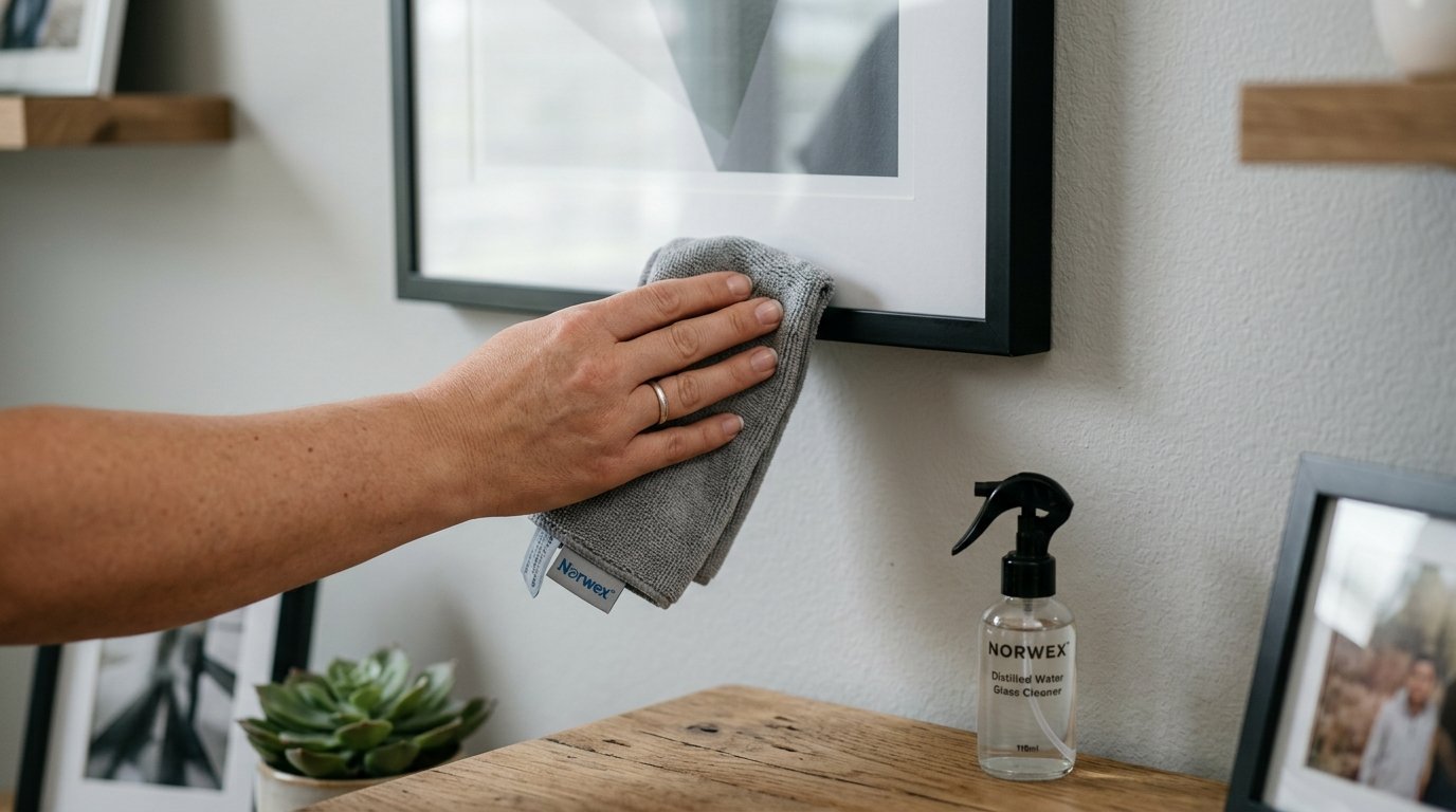 Close up of a person cleaning a framed art piece with a Norwex cloth near a glass spray bottle.