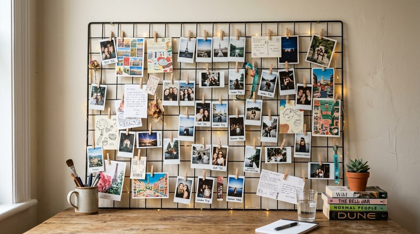 A wire wall grid holding numerous polaroid photos, postcards, and notes above a wooden desk with books and a plant.
