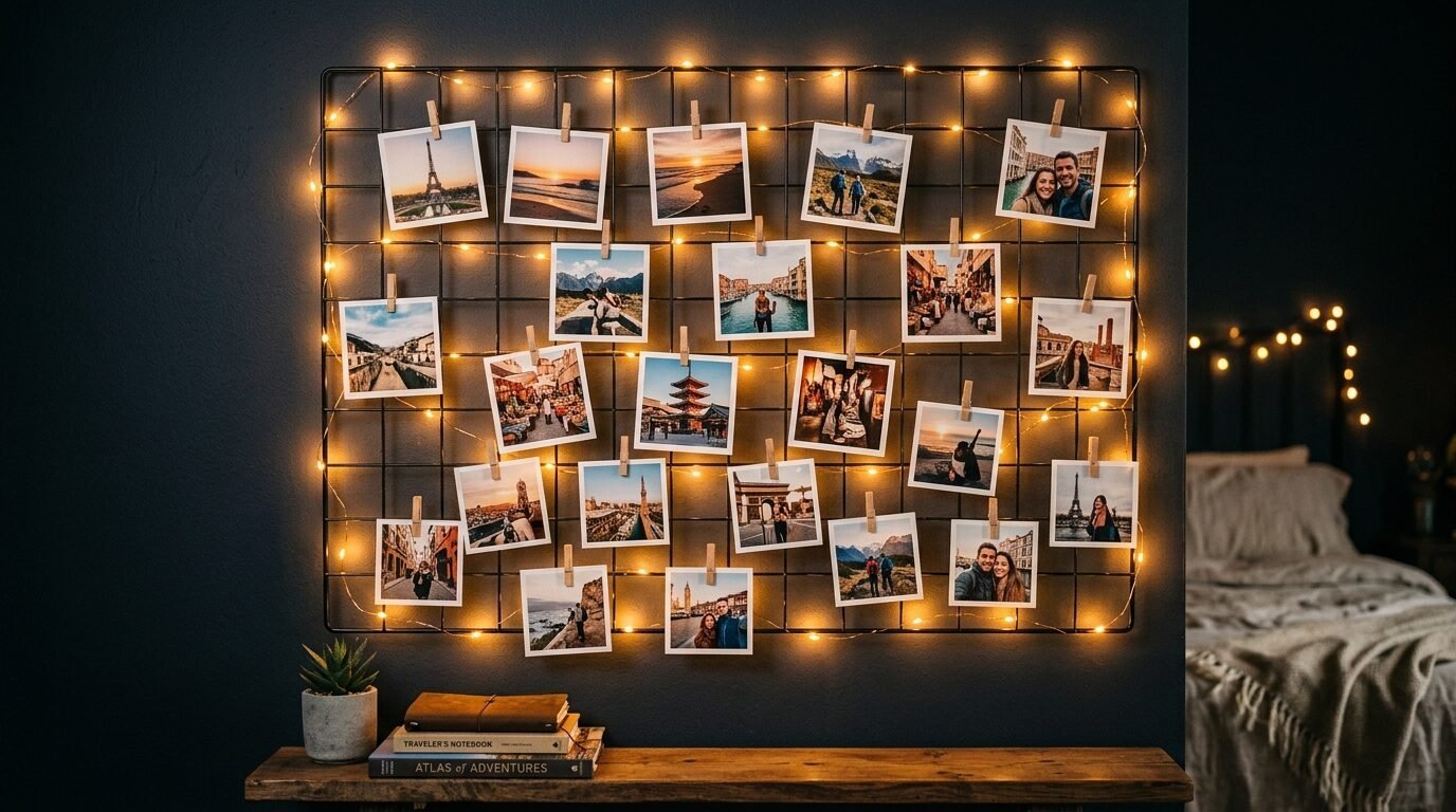 A black wire wall grid holds square photographs with wooden clips, backlit by glowing fairy lights above a wooden shelf.