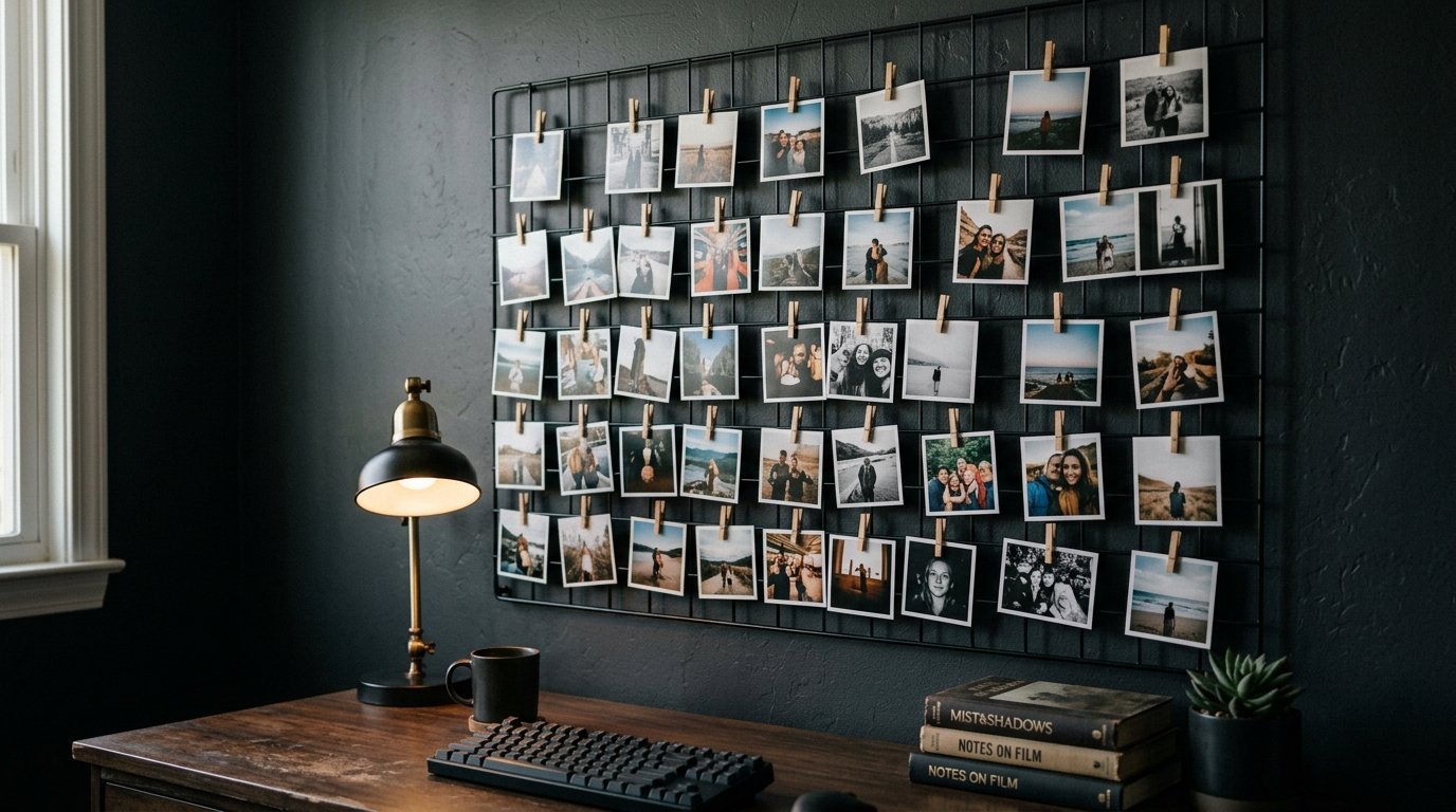 A wire wall grid covered with dozens of small square photos held by wooden clips above a dark wooden desk with a lamp.