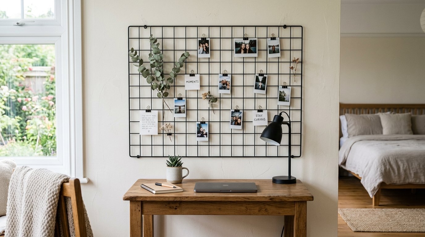 Black wire grid organizer wall display with photos, dried eucalyptus, and desk lamp on a wooden table.