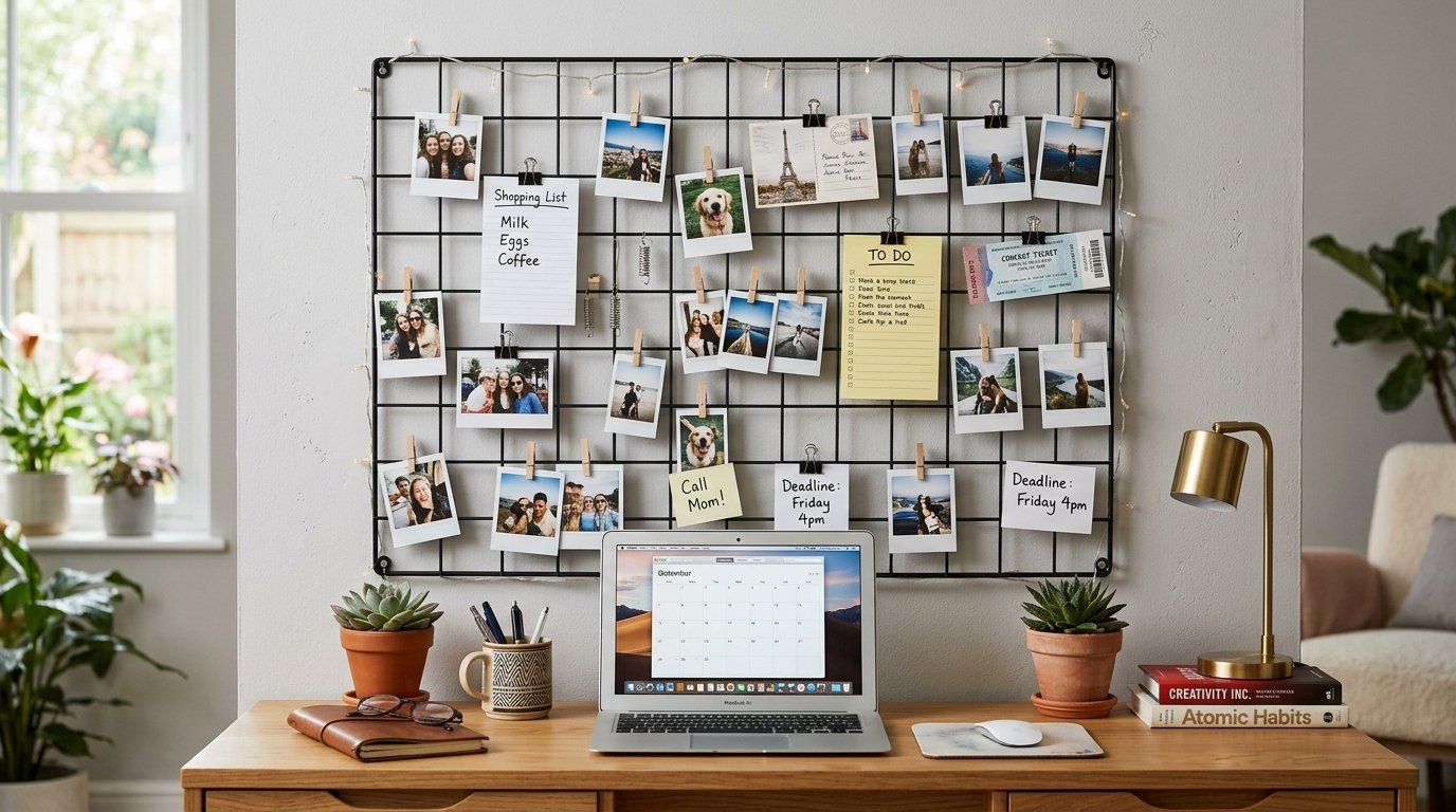 Desktop with a laptop, plants, and a wire grid wall display covered in photos, shopping lists, and sticky notes.