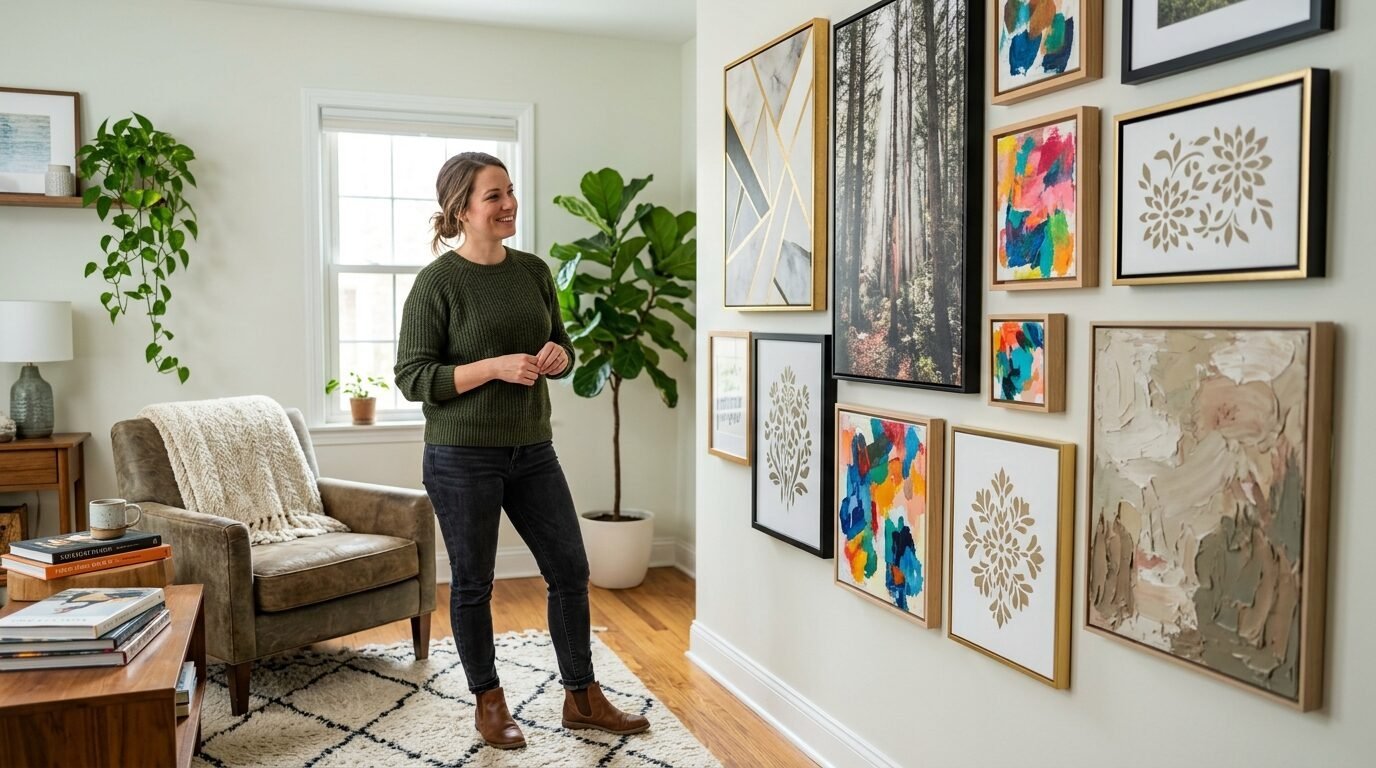 A woman stands in a living room looking at a wall decorated with diverse framed art prints.