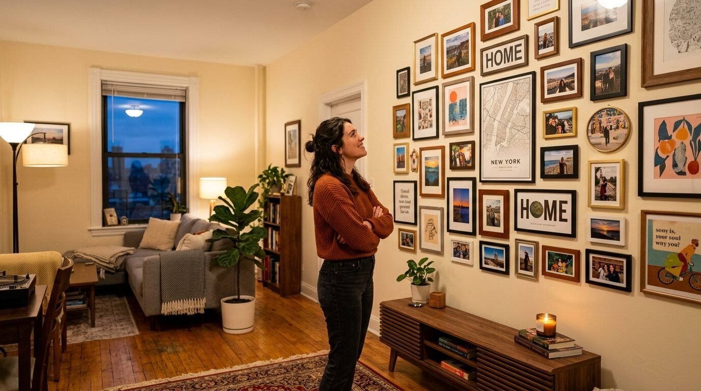 A woman with arms crossed looking at a living room wall filled with numerous framed photos and artwork prints.