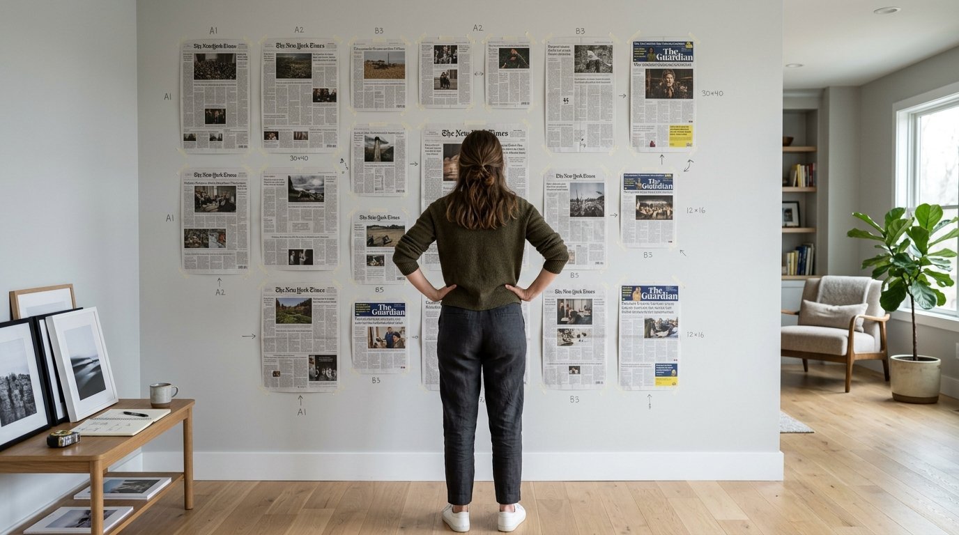 Person with back turned looking at a collection of newspaper pages taped to a living room wall with handwritten notes.