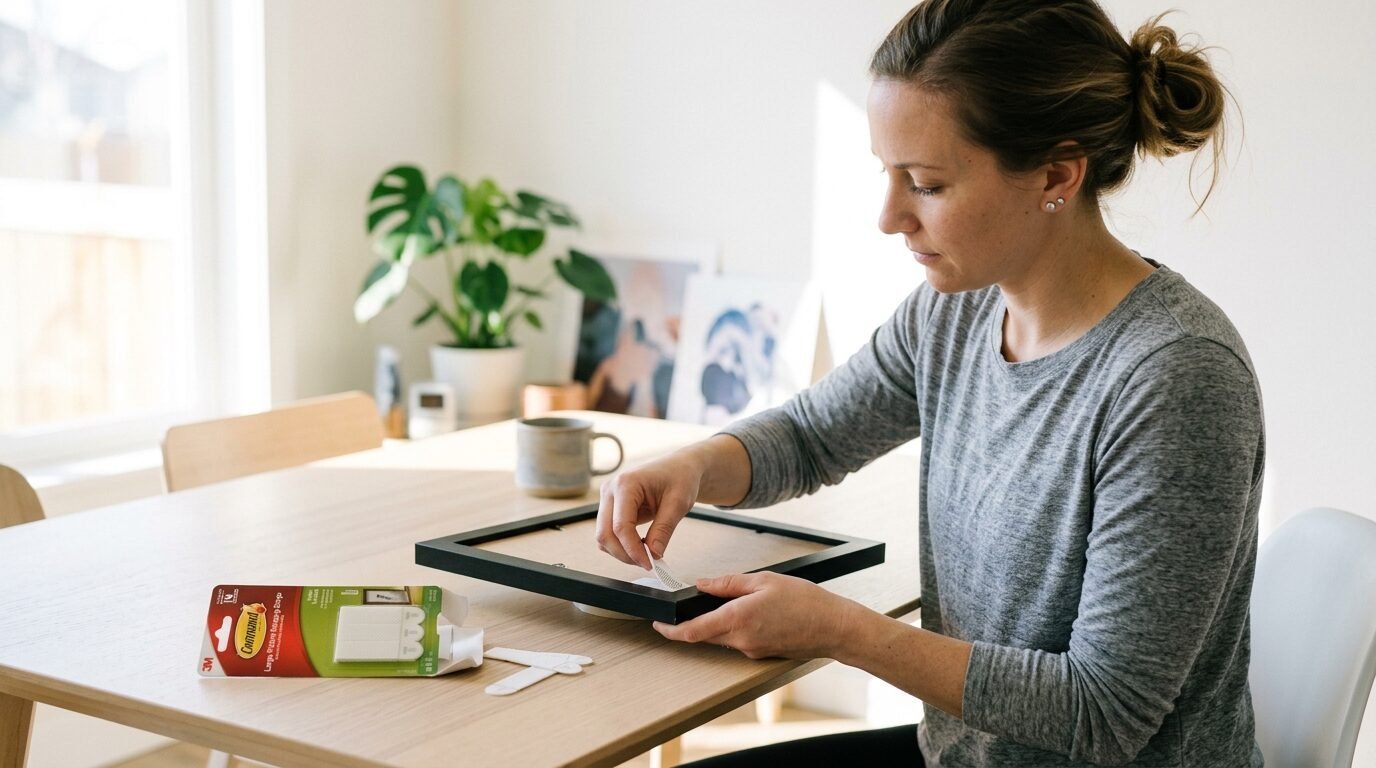 Person carefully placing a 3M Command adhesive strip onto the back of a black picture frame on a wooden table.