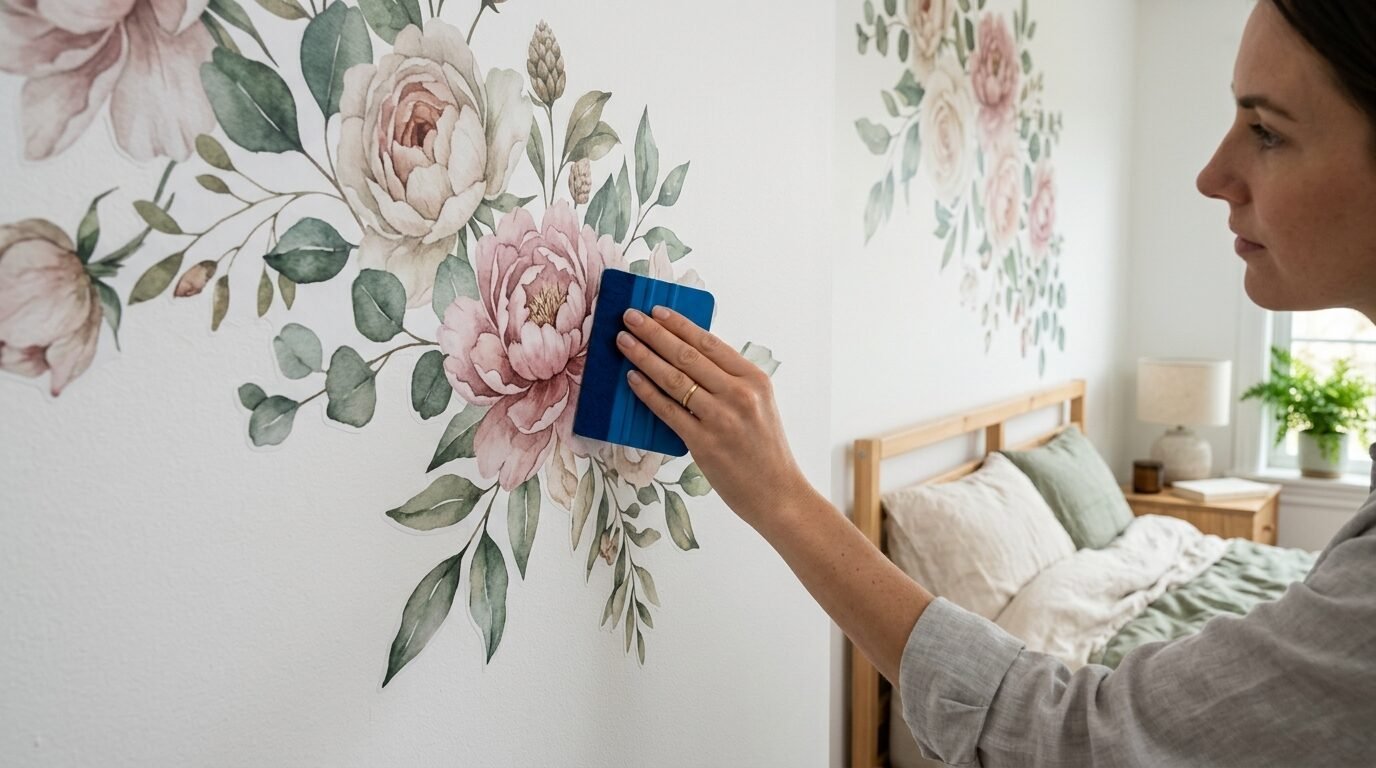 Close up of a person pressing a blue tool onto a large watercolor peony wall decal in a bedroom.