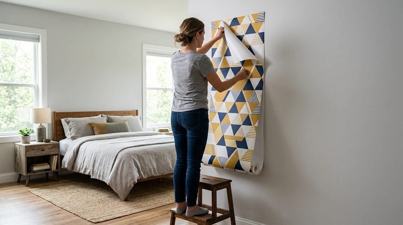 A woman stands on a wooden step stool attaching a blue and yellow triangle print peel-and-stick wallpaper to a bedroom wall.