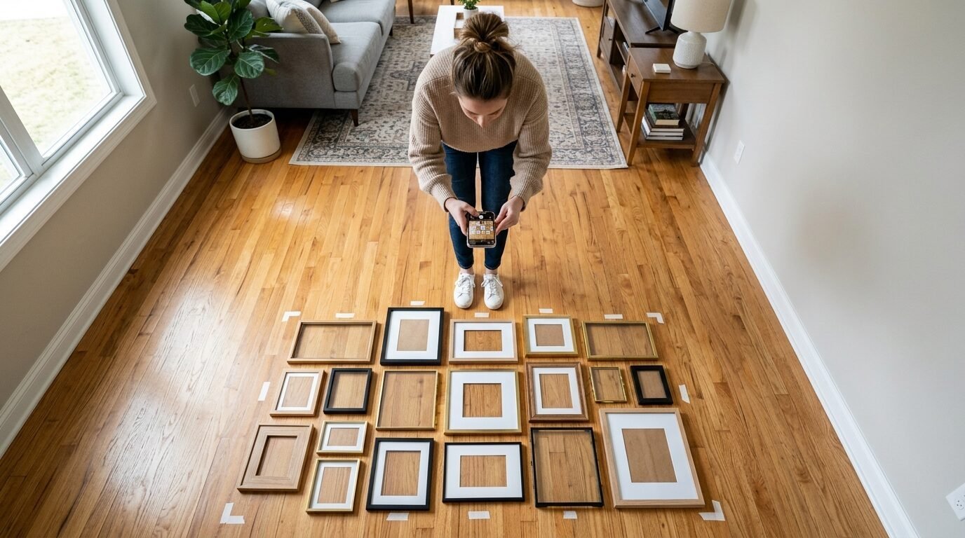 A woman uses her smartphone to photograph various empty picture frames arranged on the wooden floor.