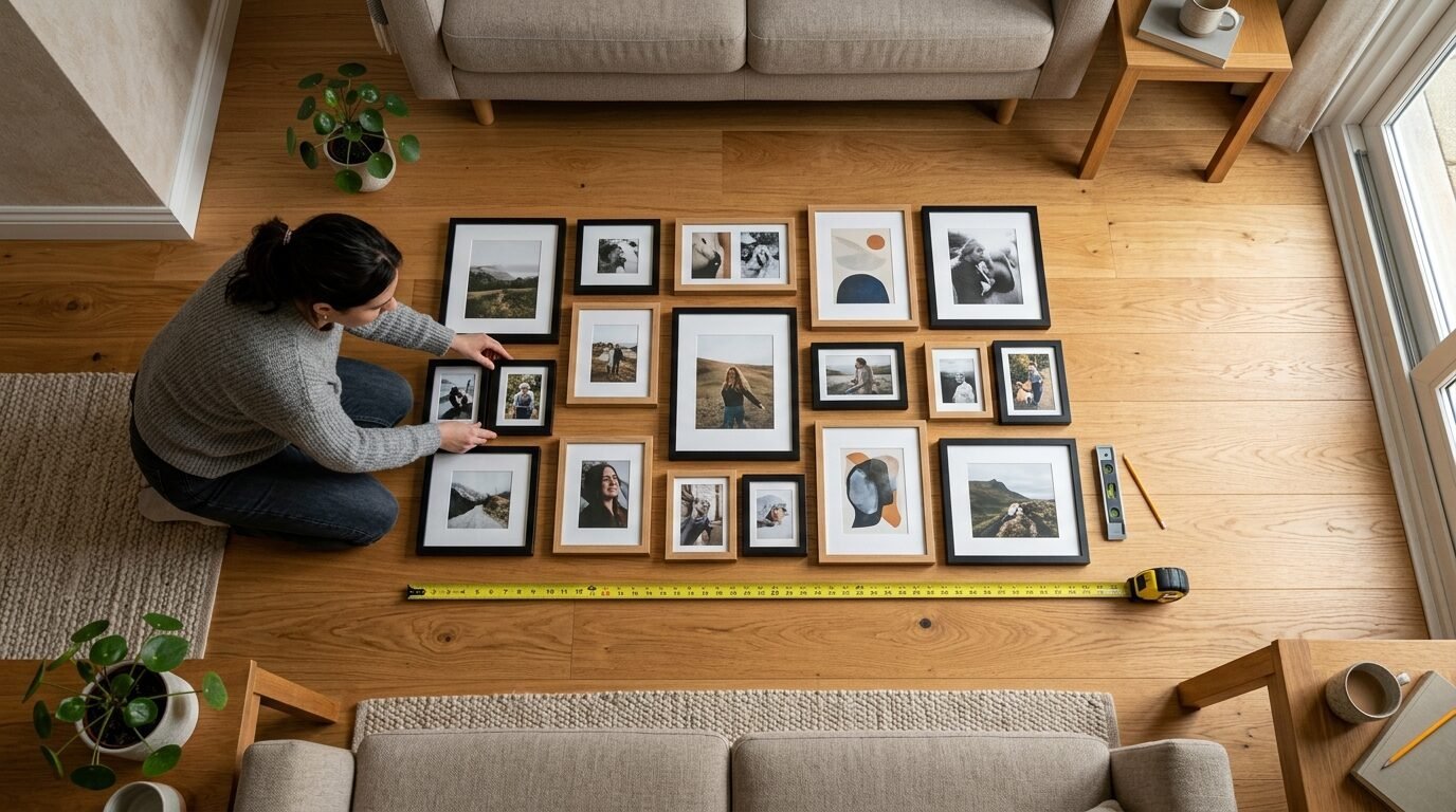 Overhead view of a person laying out a photo gallery wall collection with a tape measure on the floor.