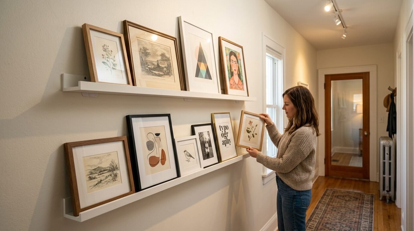 A woman in a beige sweater arranging framed botanical and modern art prints on floating shelves in a hallway.