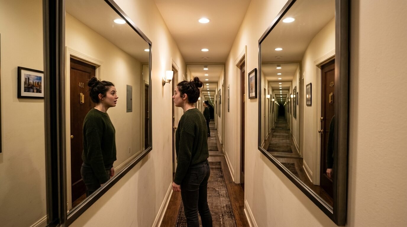 Person standing in a hallway where opposing mirrors produce a tunnel effect of repeated images.