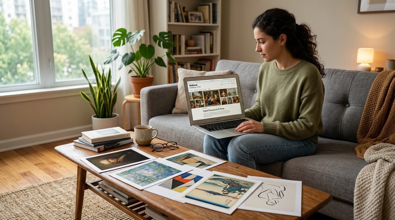 A woman sits on a sofa looking at a laptop screen displaying a museum website while surrounded by various art prints.