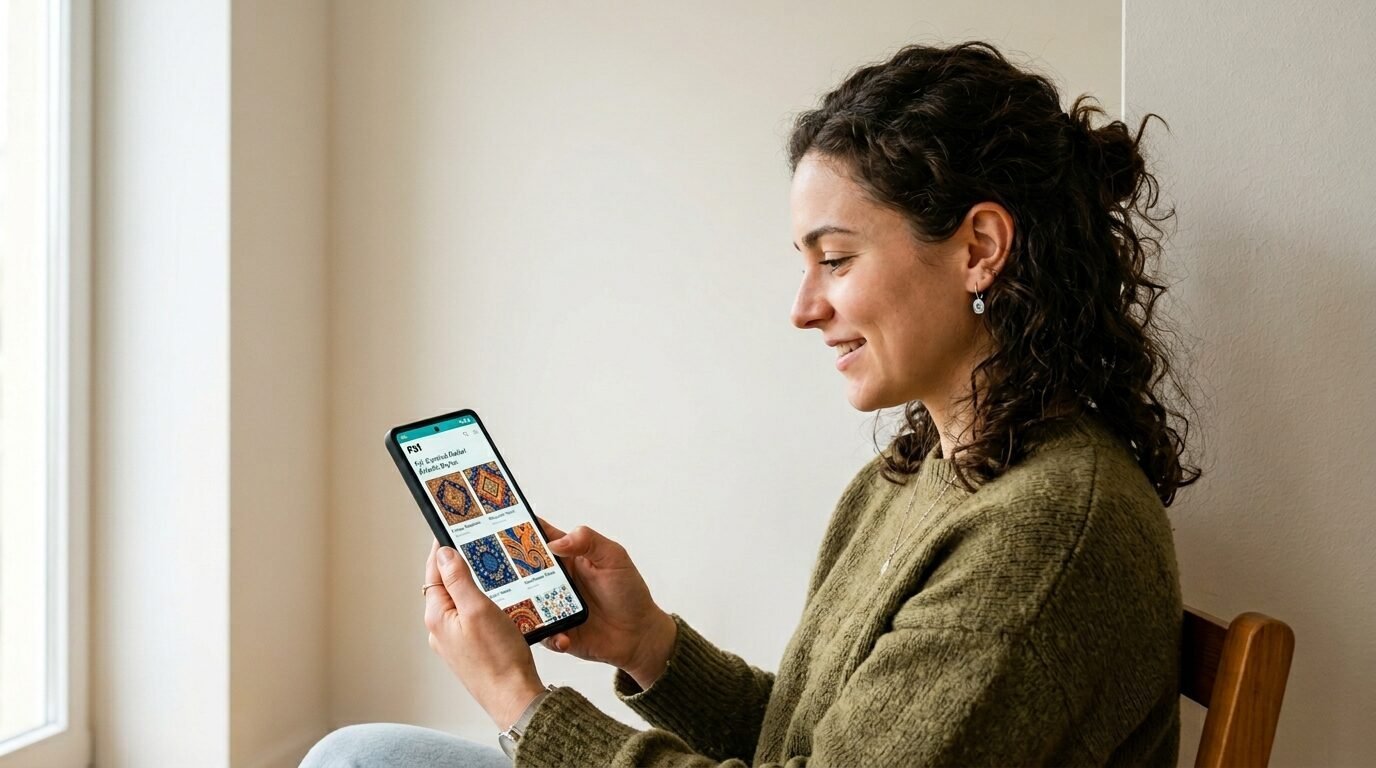 Young woman with curly hair looking at a mobile phone screen displaying a gallery of decorative patterned rugs.