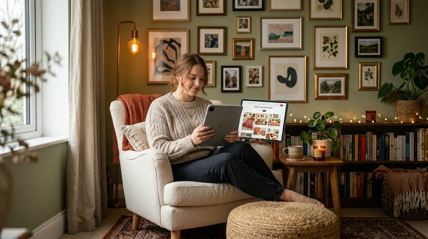 A woman in a beige sweater sits in a white chair holding a tablet in front of a green wall with many framed pictures.