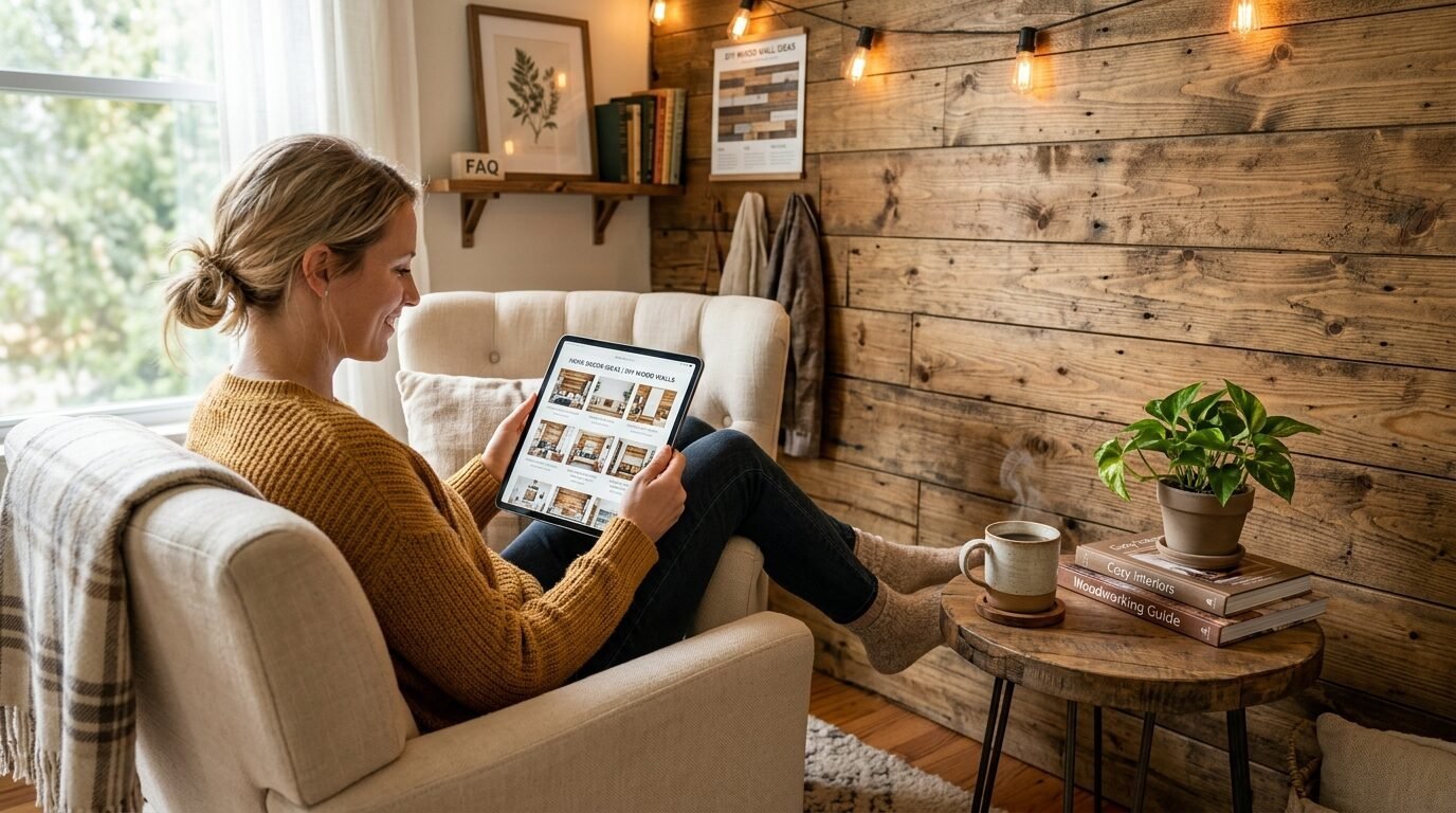 Woman in a yellow sweater sits in a chair using a tablet with a wood-paneled wall and string lights in the background.