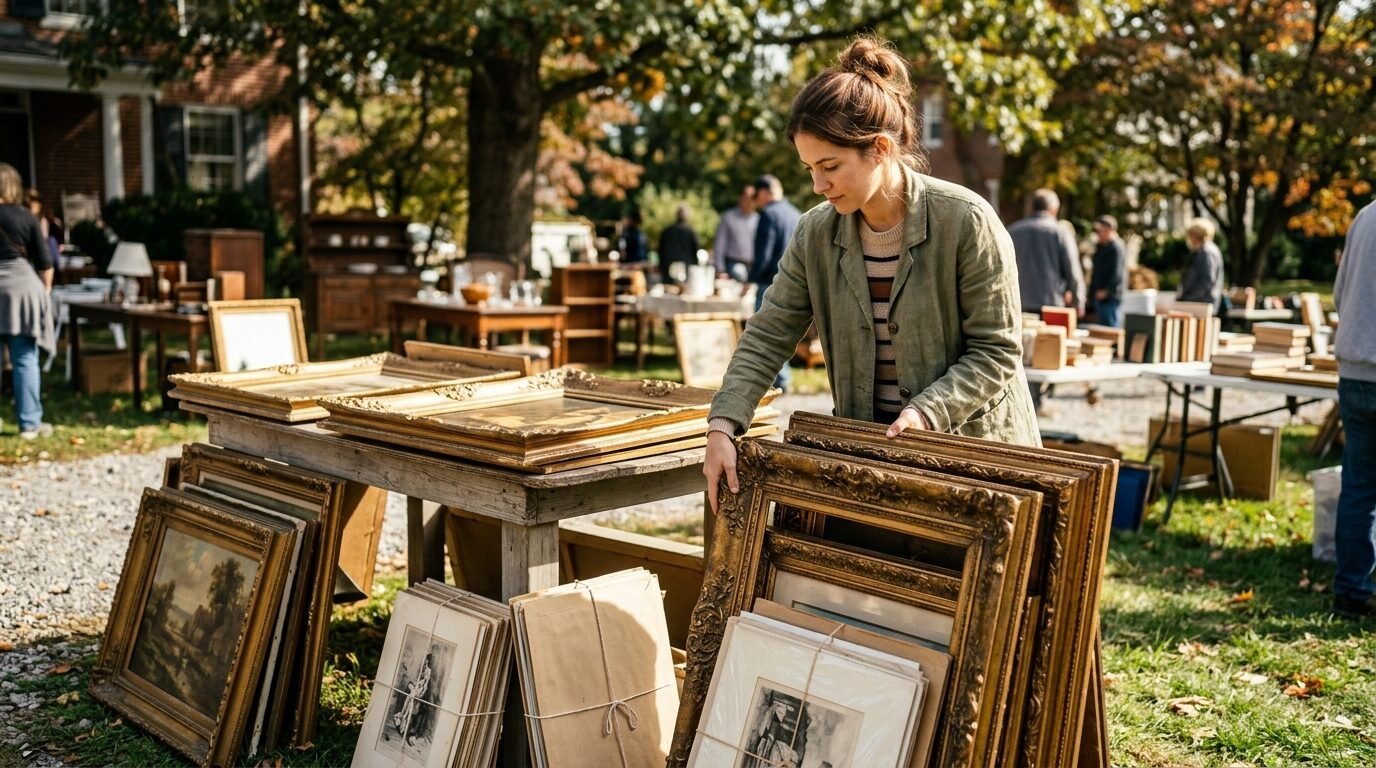 Young woman in a green jacket sorting through old gold-framed art at an antique yard sale.
