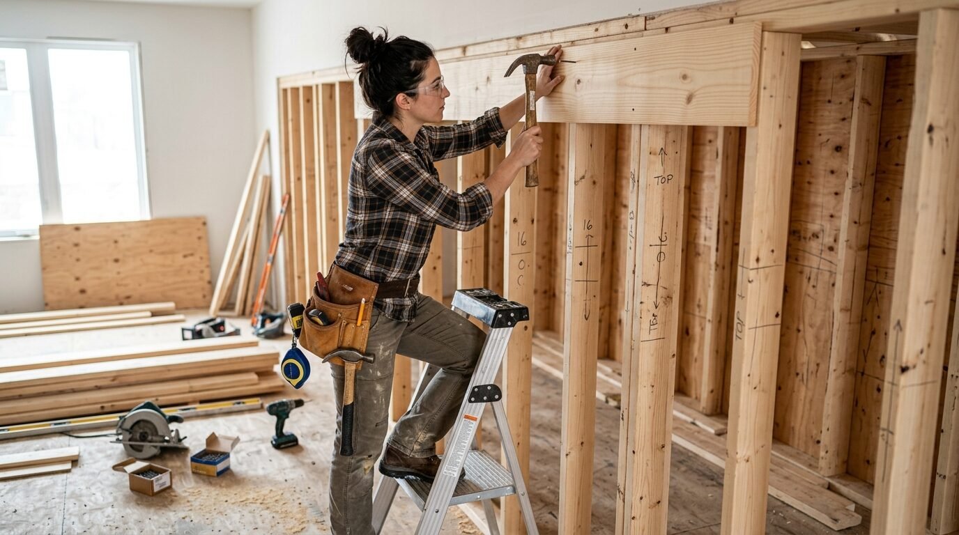 A woman in a flannel shirt stands on a step ladder hammering a wooden beam during a residential renovation project.