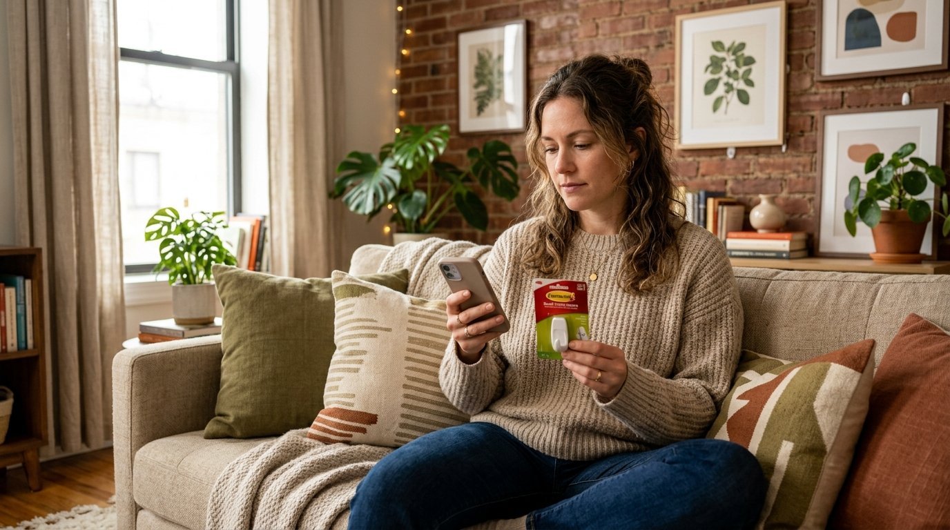 Young woman in a beige sweater holds a smartphone and a small adhesive wall hook while relaxing on her living room sofa.