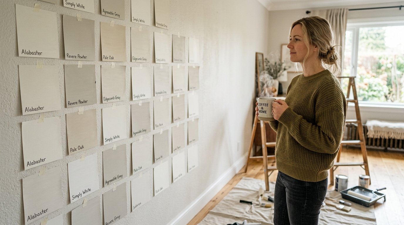 A woman in an olive sweater standing in a room with paint swatches taped to the wall, holding a coffee mug.