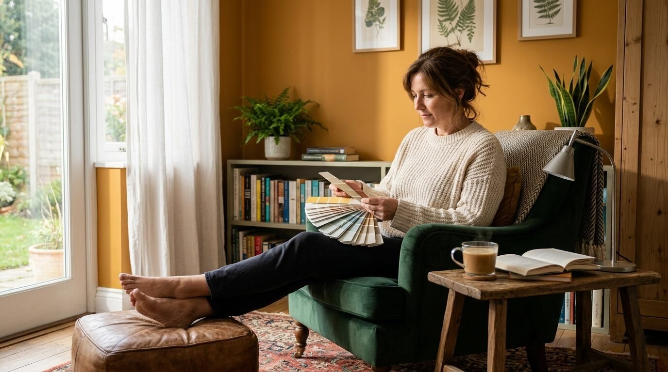 A woman in a cream sweater sitting in a green velvet chair holds a paint sample fan in a sunny, mustard-walled room.