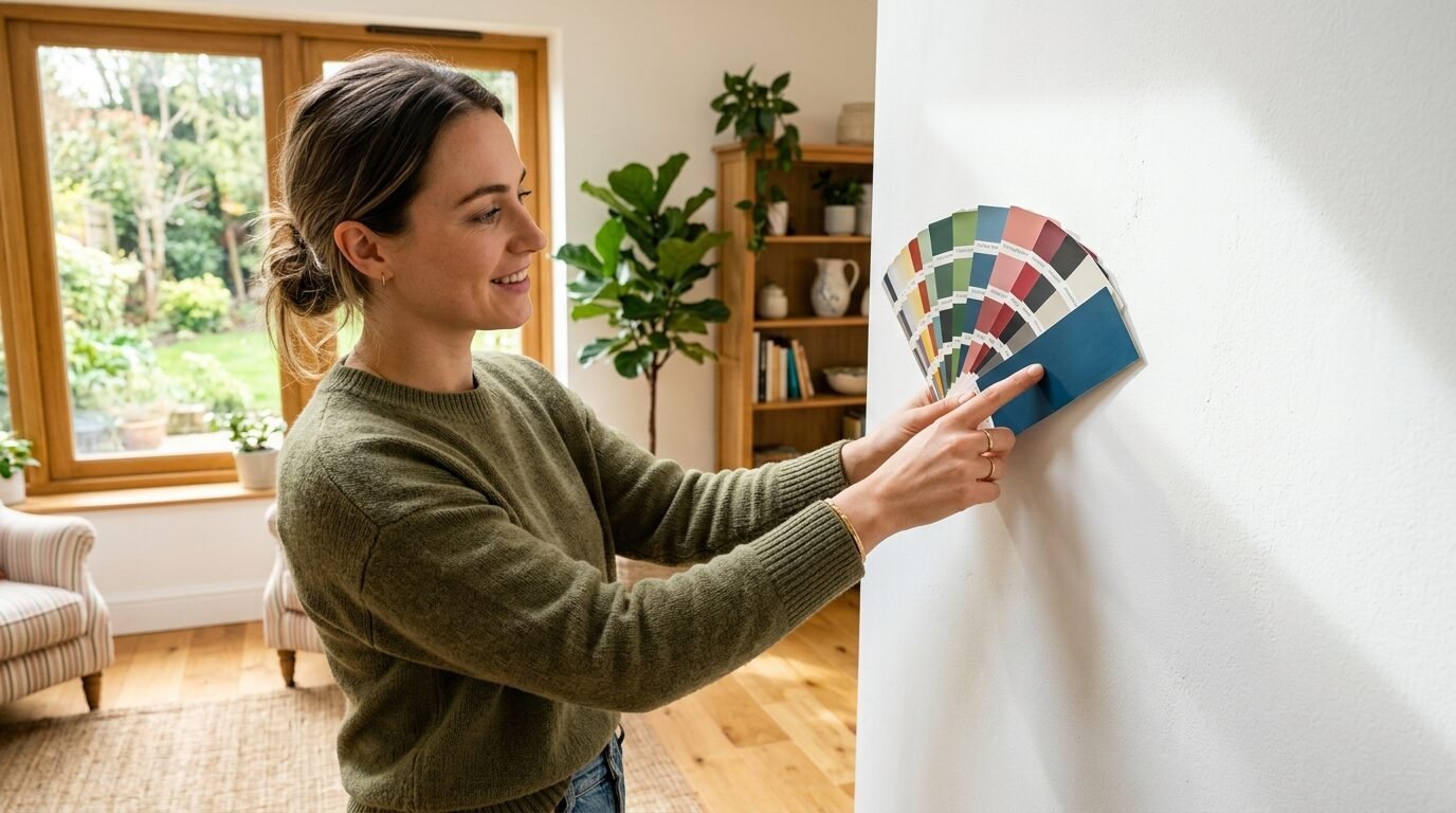 A woman holds a fan of paint swatches against a white wall to choose a color for home renovation.