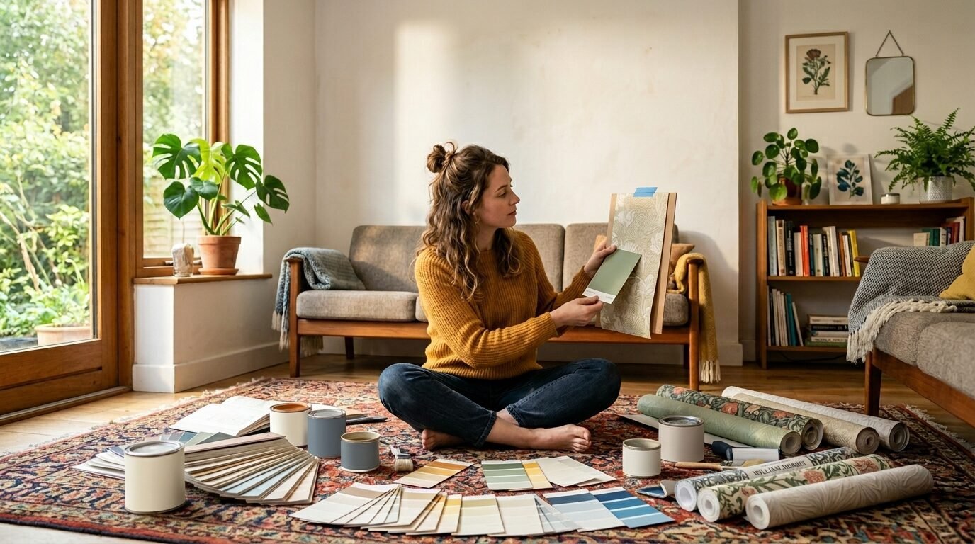 A woman sitting on a rug surrounded by paint cans and wallpaper samples while comparing a color swatch to a print.