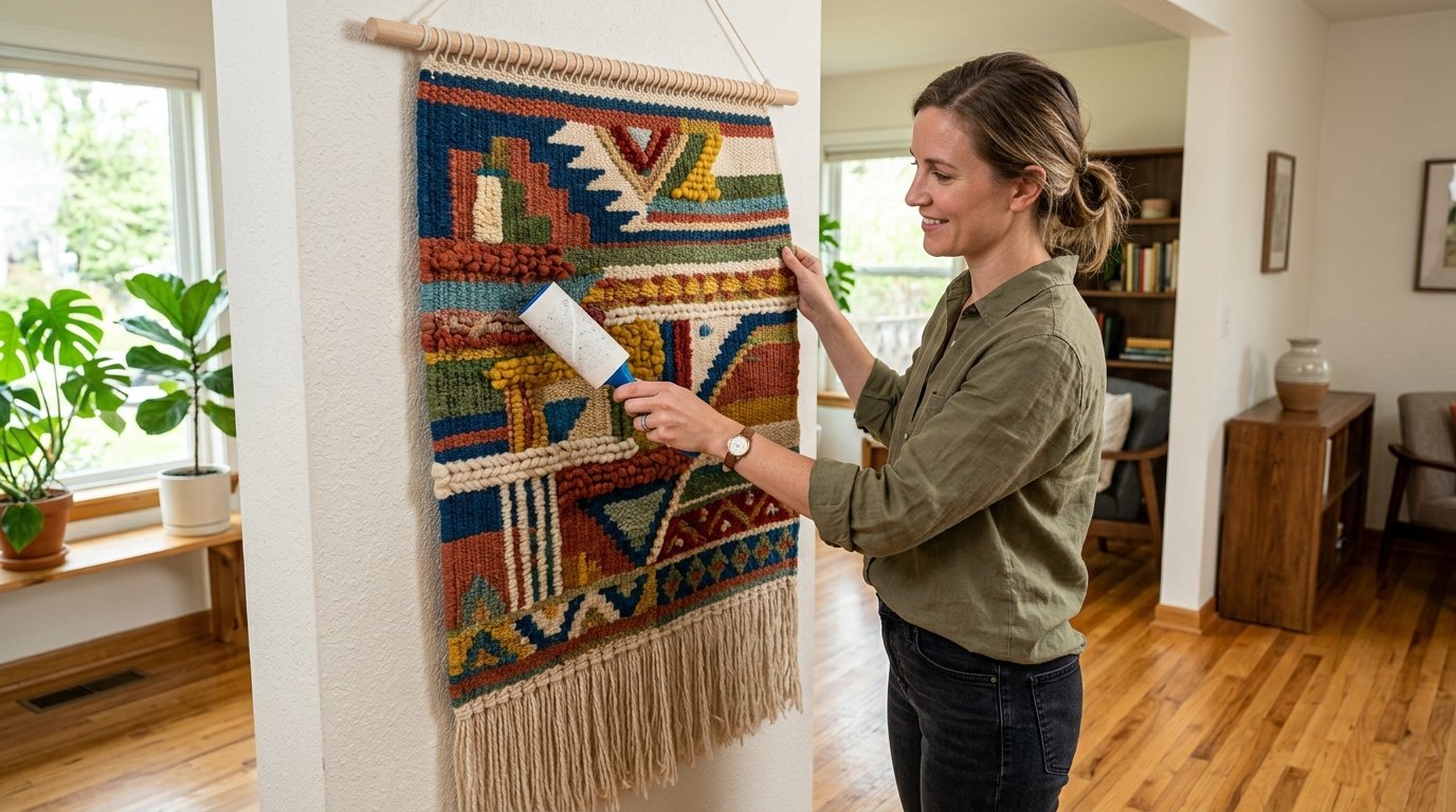 A woman cleaning a multi-colored geometric wall tapestry with a sticky lint roller in her living room.
