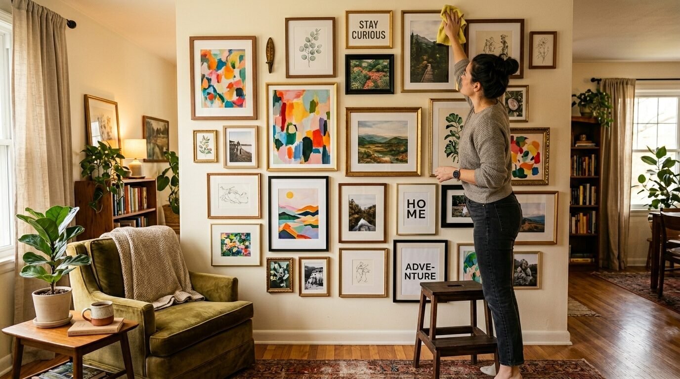 A woman stands on a step stool wiping dust off picture frames on a living room wall filled with various art prints.