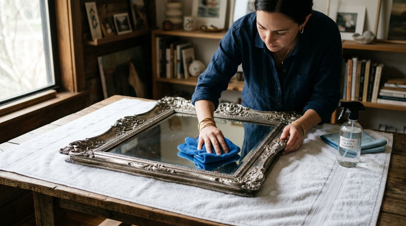 Person in dark blue shirt wiping the surface of a silver framed mirror with a small blue microfiber cloth.