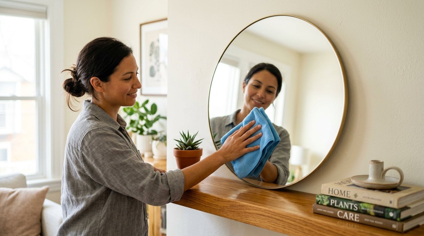 A person cleaning a round golden-framed mirror while standing in a bright, decorated living room.
