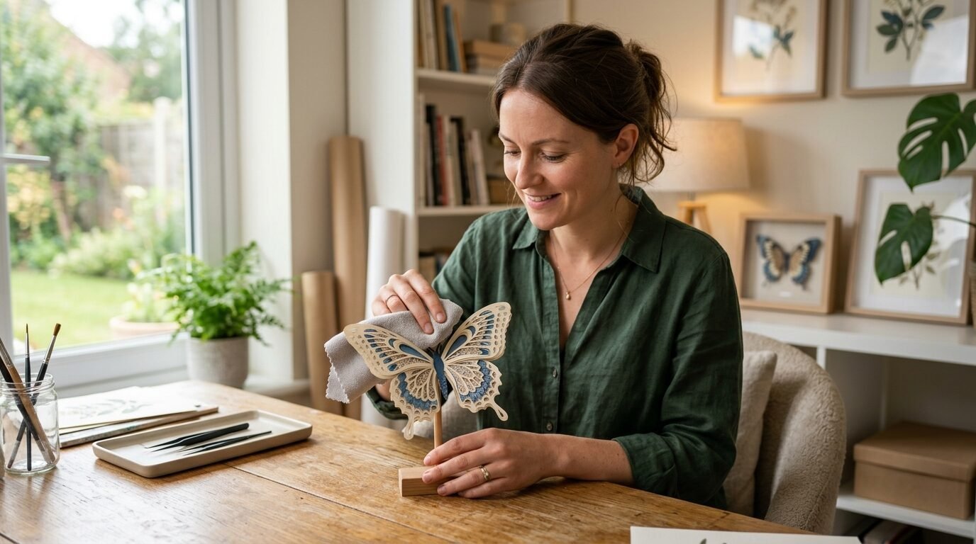 A woman in a green shirt cleans a small, intricate butterfly sculpture on a wooden desk.