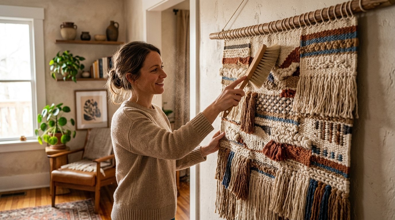 Smiling woman in a beige sweater brushes dust off a large, multi-colored macrame tapestry hanging on the wall.