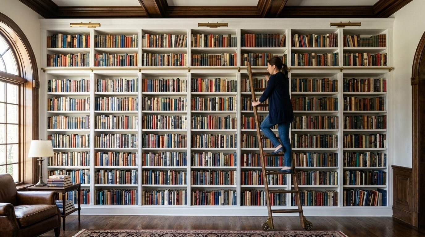 A person standing on a library ladder reaching for a book on a tall, wall-to-wall shelf filled with many books.