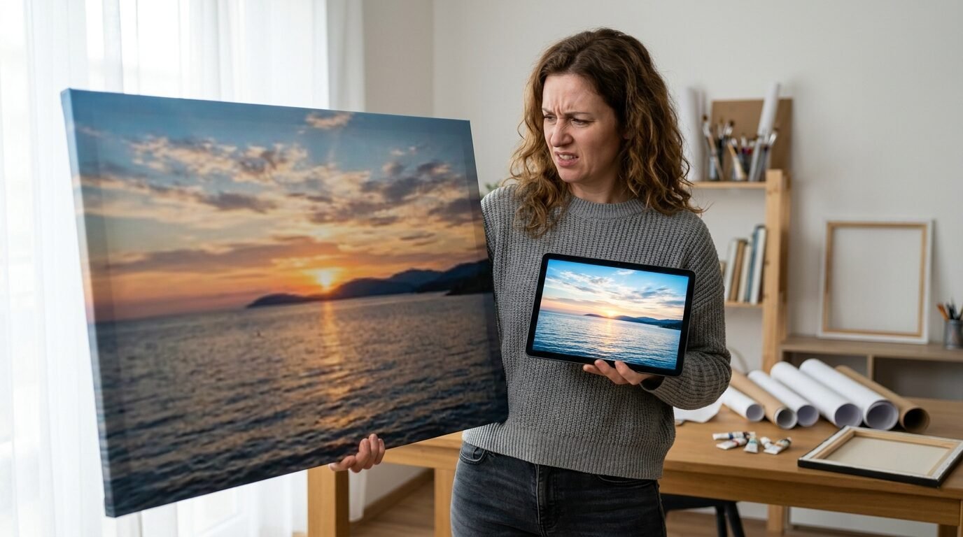A woman holding a sunset canvas print and a tablet computer to compare color accuracy in an art studio.