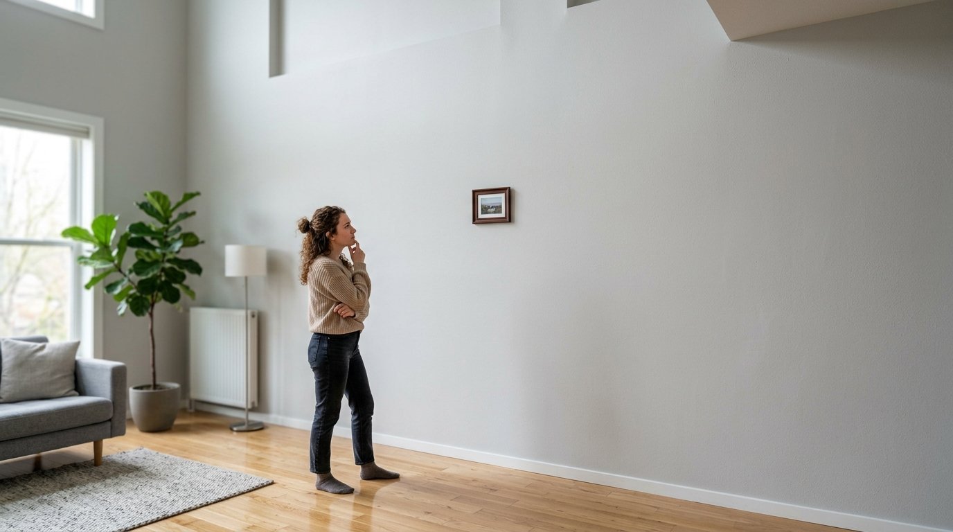 Young woman standing in a spacious room, observing a tiny framed artwork hanging on a vast, plain white wall.