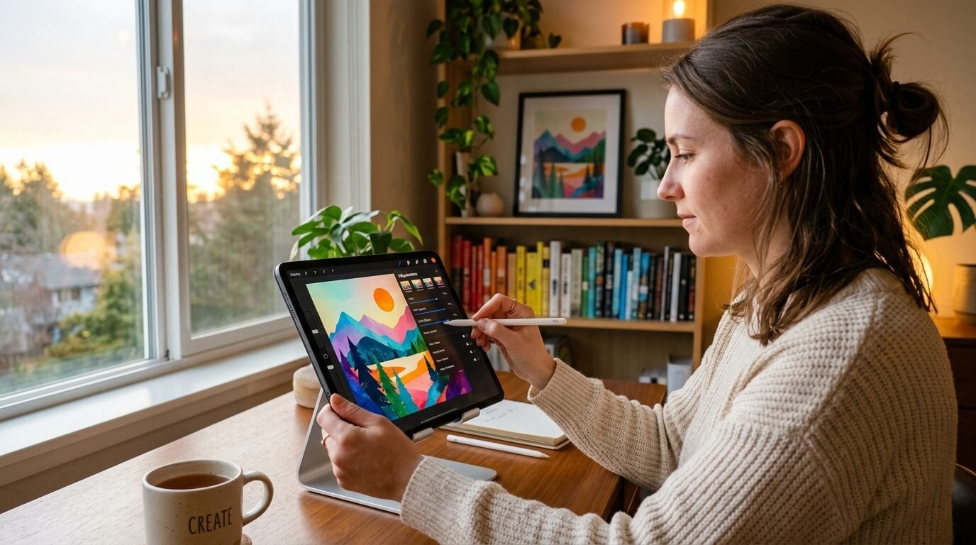 A woman using a stylus to draw a sunset mountain scene on a tablet at a desk near a window.