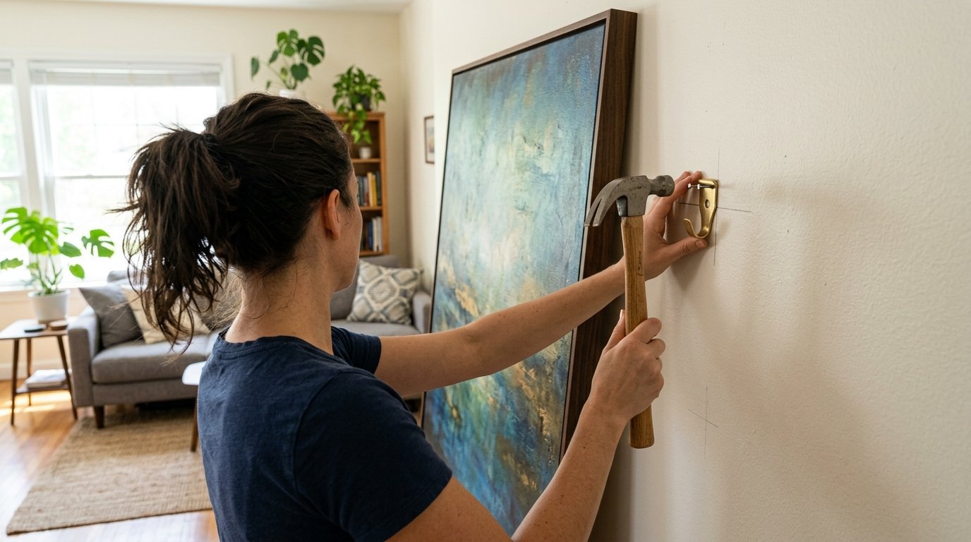 A person using a hammer to attach a gold hook to a white living room wall.